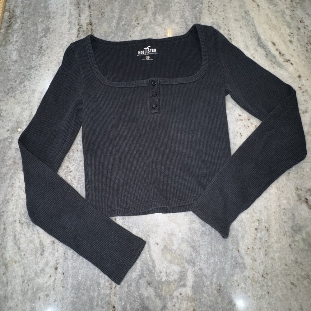 Hollister XS Black Cropped Ribbed Long Sleeve Shirt Square Neck Y2K Grunge‎ 90s